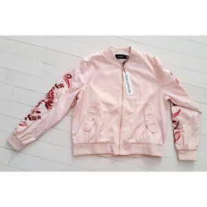 MINKPINK Satin FLORAL Embroidered PINK BOMBER Zip  Jacket ( M )